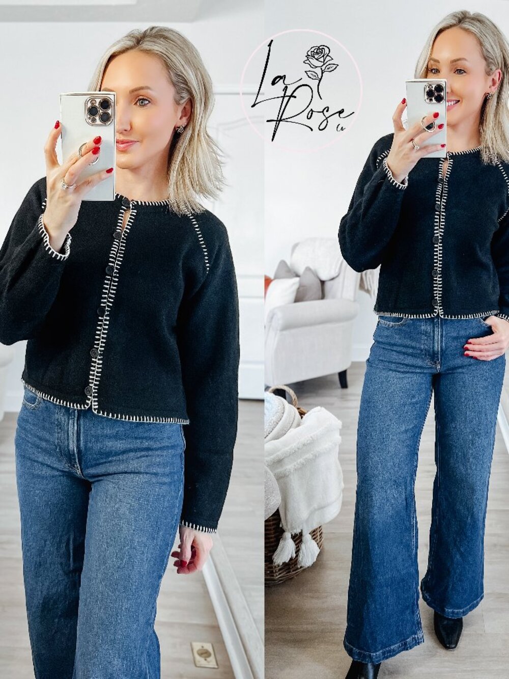 Leia Contrast Blanket Stitch Sweater Cardigan | Women's Winter and Spring Top